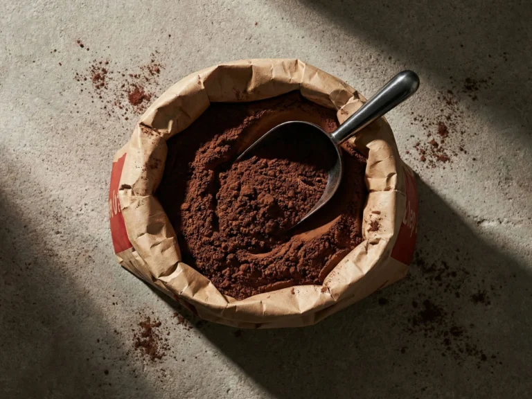 A scoop resting in a bulk sack of premium cocoa powder.